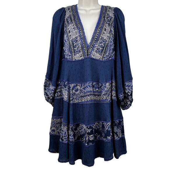 Free People My Love Mini Dress Long Sleeve Swing Pom Pom Paisley Blue Med Boho - Picture 3 of 16